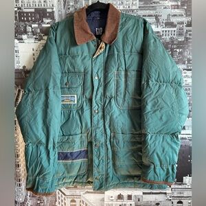 GAP Green Down Quilted Jacket Medium with Brown Collar 90s Ski Snow Bunny